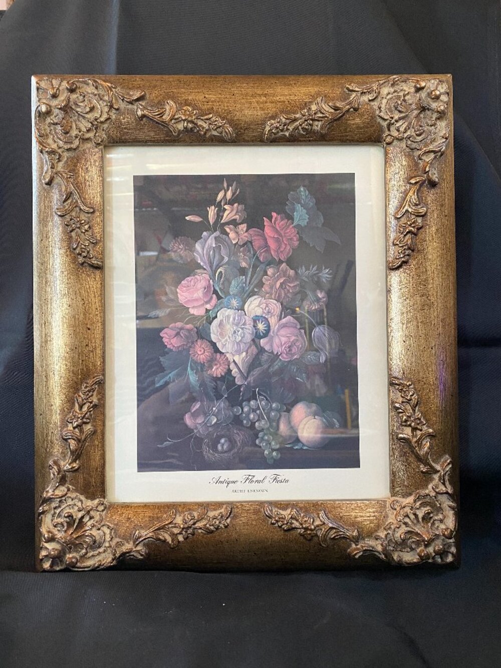 Vintage Ornate Gold Framed Still Life Art Print "Antique Floral Fiesta" w/Glass